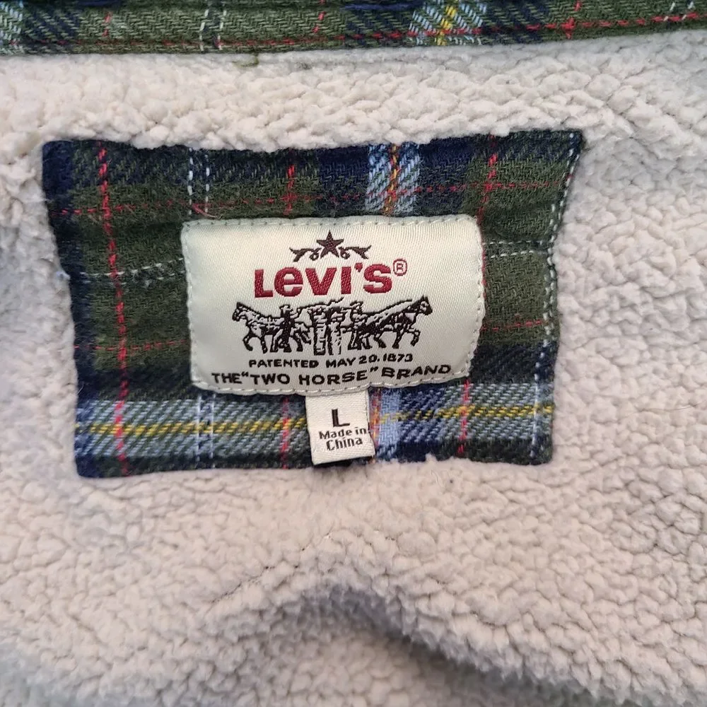 Levis  Sherpa Lined Flannel Shirt Men's L Shacket Jacket Green Plaid Workwear‎ - Picture 6 of 10